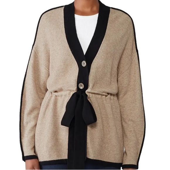 White + Warren Cashmere Cardigan XS Beige Black Trim Open Front Cinched Waist - Picture 7 of 7